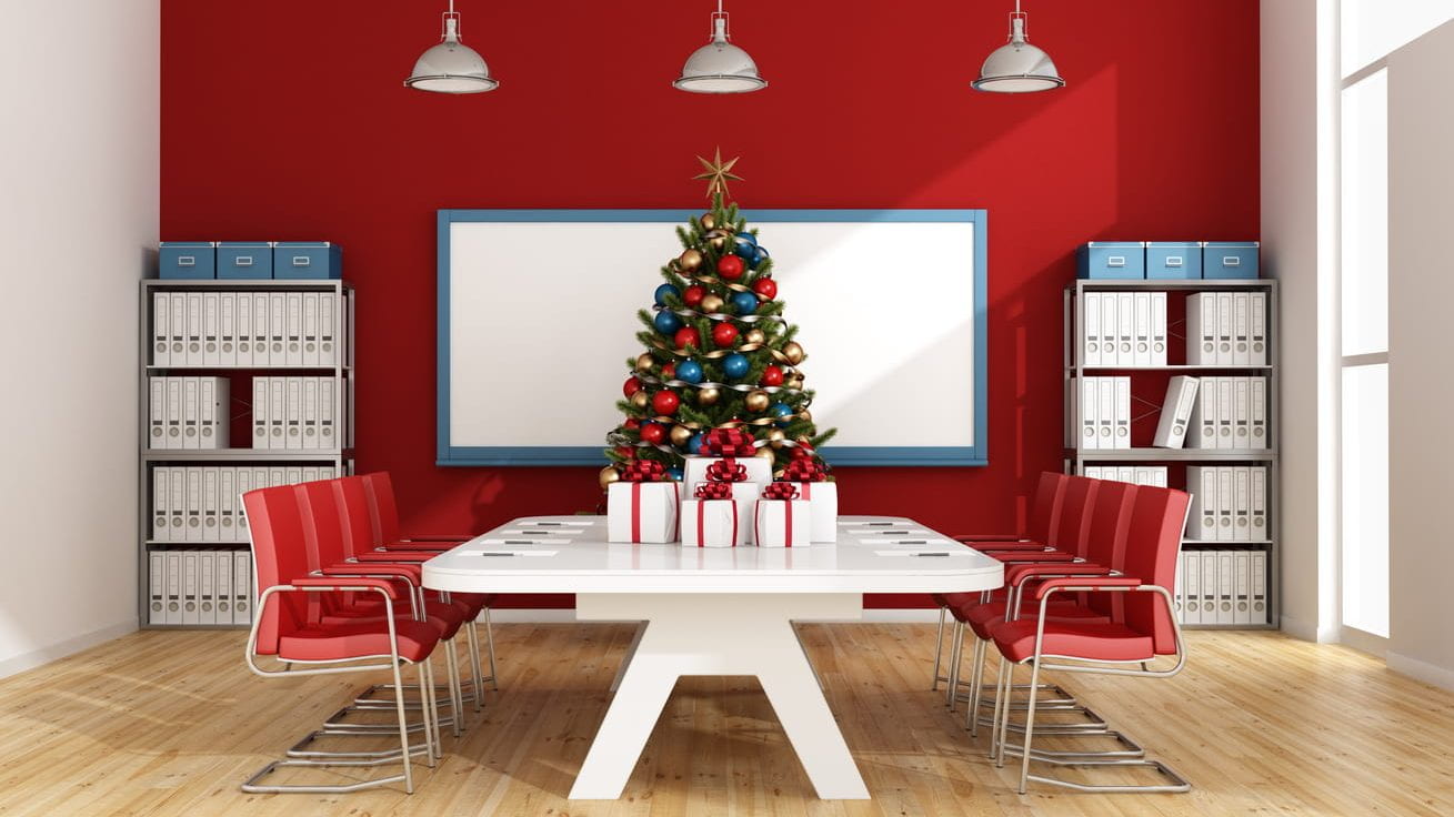Board room with christmas tree and gift - 3d rendering